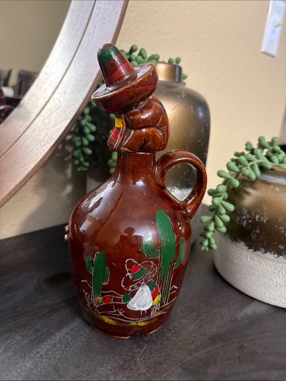 Hand-Painted Brown Ceramic Sombrero-Top Decanter - Home Art